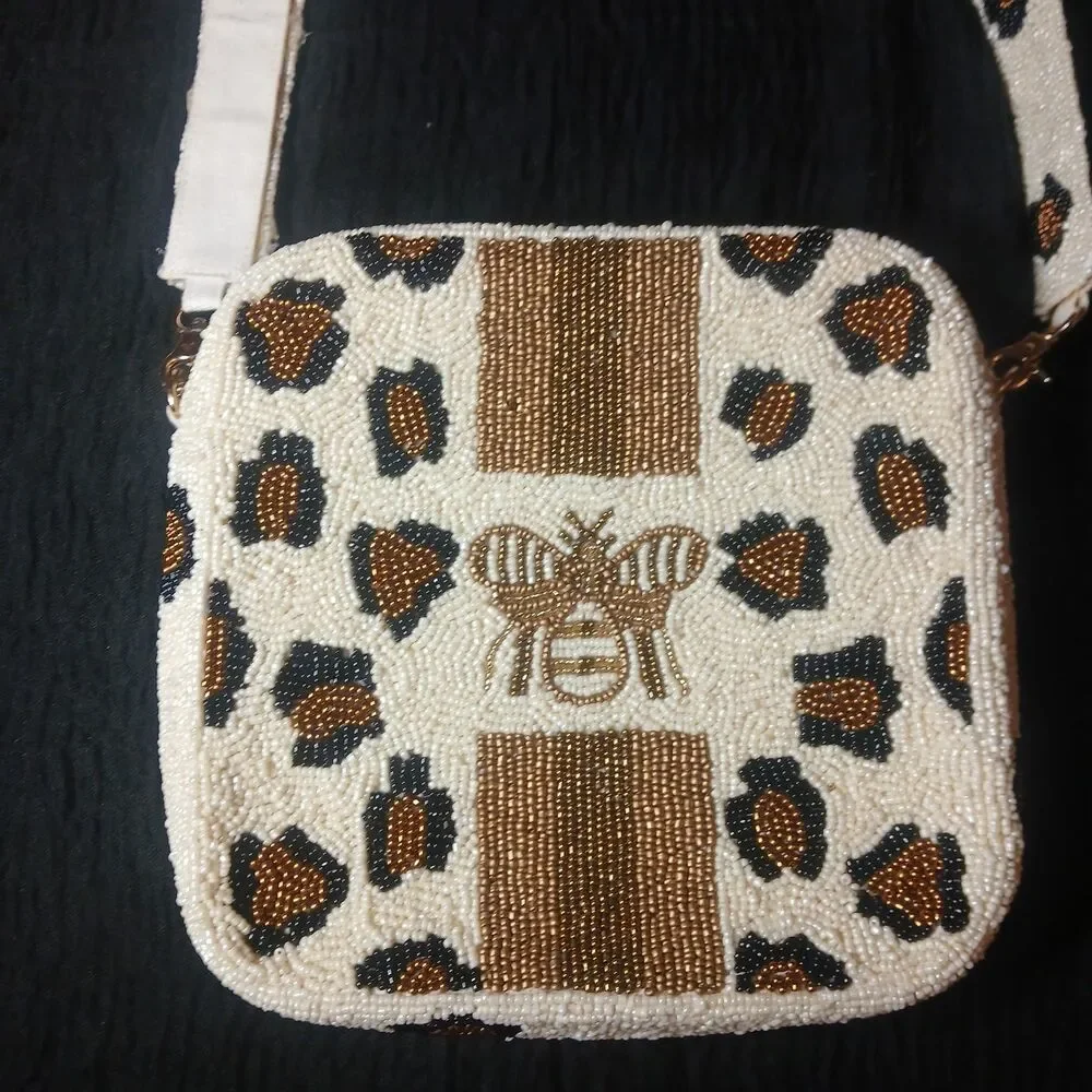 Beaded Bee And Leopard Crossbody Statement Bag 7.5